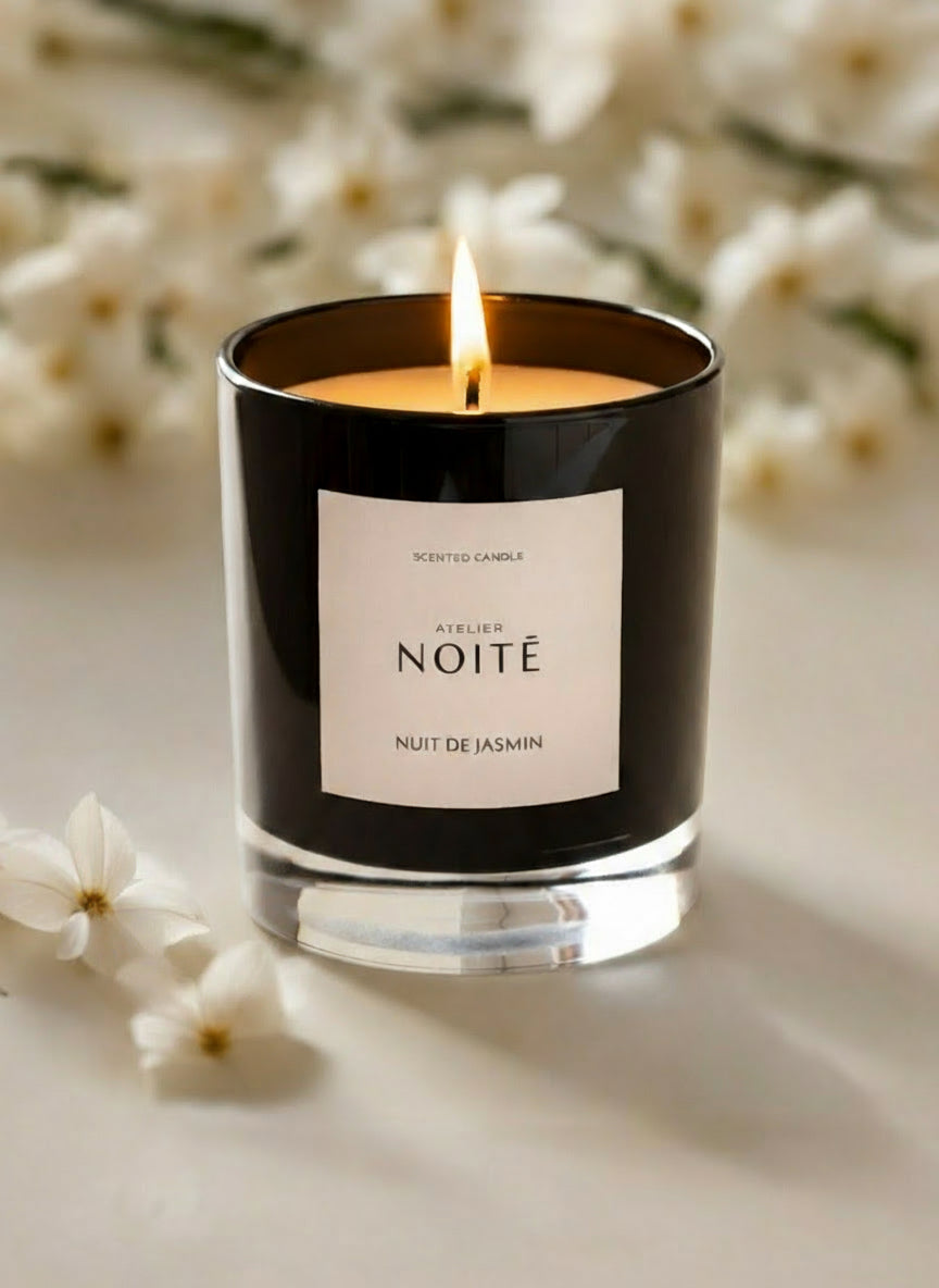 An image of a candle in a black glass jar with a beige label with a beige background and white jasmine flowers