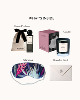 Collection of home products including a home perfume, candle, silk mask, and branded card on a white background.