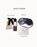 An image of a black home perfume bottle with pouch, a purple silk mask and a branded card. The title says: What's Inside