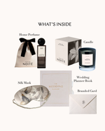 Collection of wedding planning items including a home perfume, candle, silk mask, wedding planner book, and branded card on a white background.