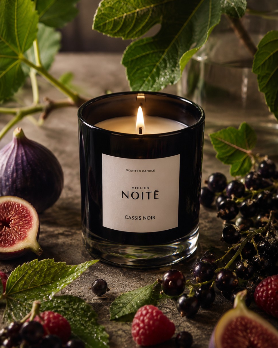 Candle labeled 'Atelier Noète' surrounded by figs, berries, and leaves on a rustic surface.